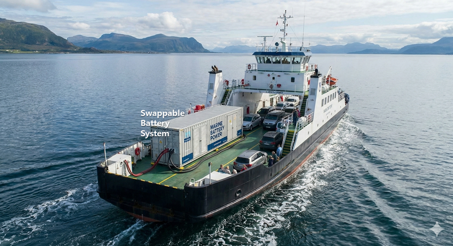 교체식 배터리 시스템으로 운항하는 연안선박 개념도(출처 - Nano Banana 활용)