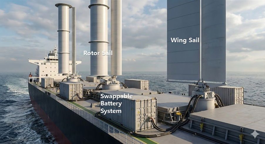 선박용 교체식 배터리 시스템을 적용한 풍력보조추진장치(WAPS) 구동 개념도(출처 - Na